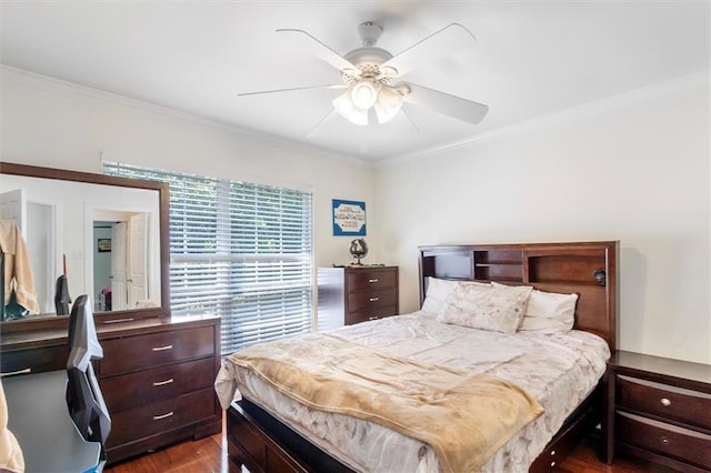 647 Highland Oaks Dr, Baton Rouge, LA 70810 - bedroom with ornamental molding, wood finished floors, and a ceiling fan
