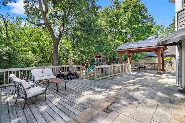 647 Highland Oaks Dr, Baton Rouge, LA 70810 - wooden terrace with an outdoor living space, a gazebo, a playground, and outdoor dining area