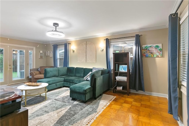 5921 Rickey St, Metairie, LA 70003 - living room featuring french doors and ornamental molding