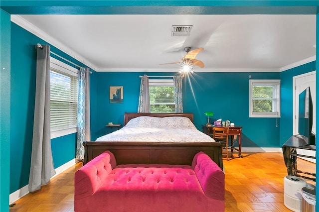5921 Rickey St, Metairie, LA 70003 - bedroom with crown molding, multiple windows, and a ceiling fan