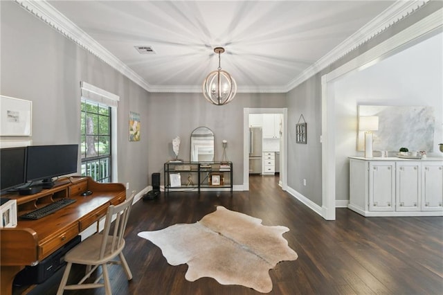 103 Century Oaks Ln, Mandeville, LA 70471 - office with wood finished floors, crown molding, and a chandelier