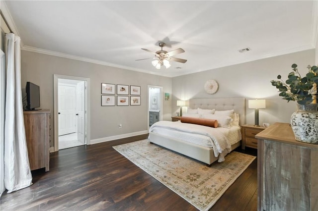 103 Century Oaks Ln, Mandeville, LA 70471 - bedroom featuring crown molding, dark wood finished floors, ceiling fan, and connected bathroom