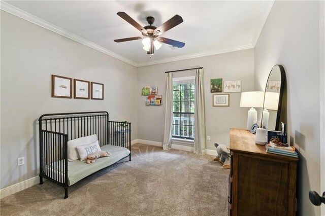 103 Century Oaks Ln, Mandeville, LA 70471 - carpeted bedroom featuring crown molding and a ceiling fan