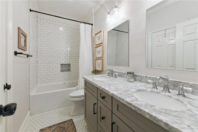 103 Century Oaks Ln, Mandeville, LA 70471 - full bathroom with shower / bath combo with shower curtain, double vanity, and crown molding