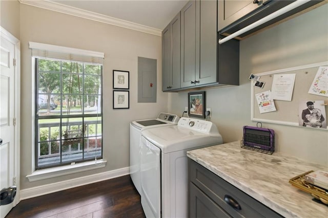 103 Century Oaks Ln, Mandeville, LA 70471 - laundry room featuring cabinet space, crown molding, washer and clothes dryer, electric panel, and dark wood finished floors