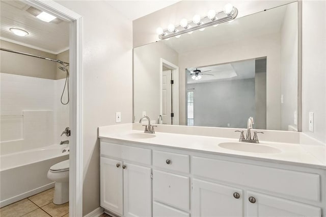 3298 Rama St, Slidell, LA 70458 - full bathroom featuring double vanity, tile patterned flooring, shower / washtub combination, and a ceiling fan