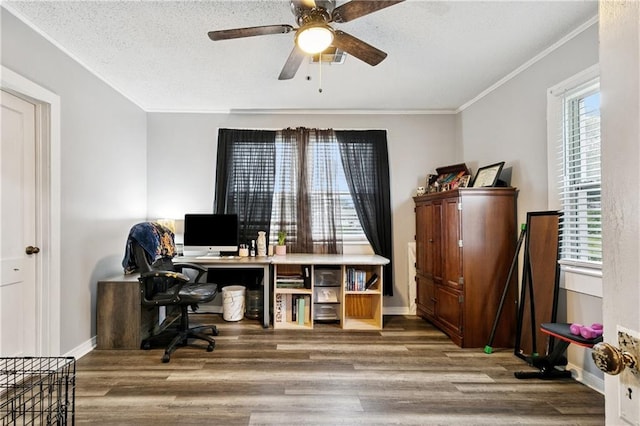 413 Fir St, La Place, LA 70068 - office area featuring wood finished floors, crown molding, a ceiling fan, and a textured ceiling