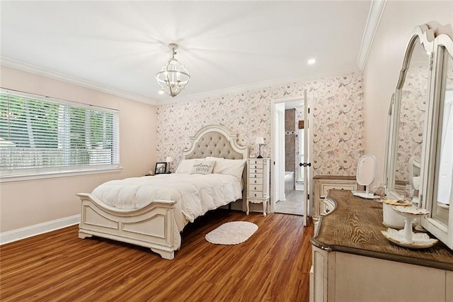 400 W Lake Catahoula Ct, Slidell, LA 70461 - bedroom with ornamental molding, a chandelier, wood finished floors, and wallpapered walls
