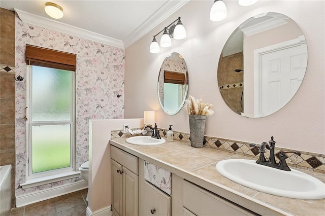 400 W Lake Catahoula Ct, Slidell, LA 70461 - full bath featuring crown molding, double vanity, and tile patterned flooring