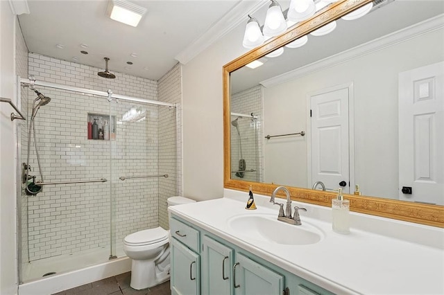 400 W Lake Catahoula Ct, Slidell, LA 70461 - full bath featuring a stall shower, vanity, ornamental molding, and tile patterned flooring
