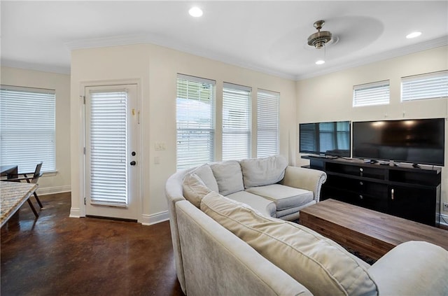 8000 Stonelake Village Ave Unit 406, Baton Rouge, LA 70820 - living room featuring crown molding, ceiling fan, concrete floors, and recessed lighting