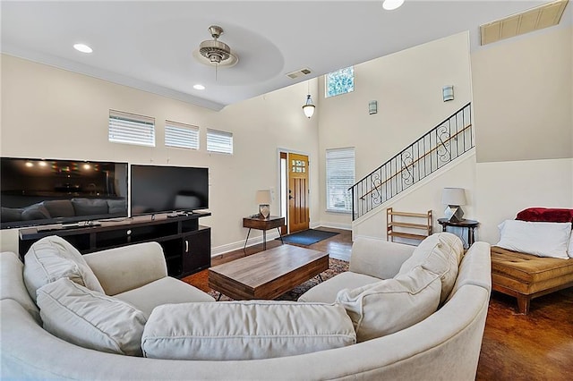 8000 Stonelake Village Ave Unit 406, Baton Rouge, LA 70820 - living room featuring stairway, recessed lighting, ceiling fan, and a high ceiling