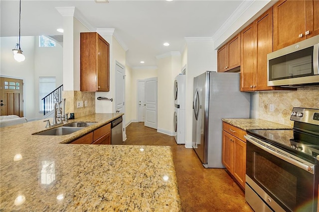 8000 Stonelake Village Ave Unit 406, Baton Rouge, LA 70820 - kitchen with stainless steel appliances, light stone counters, backsplash, brown cabinets, and crown molding