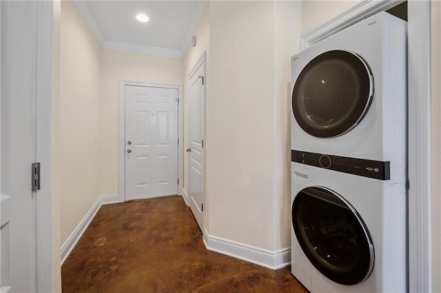 8000 Stonelake Village Ave Unit 406, Baton Rouge, LA 70820 - laundry area featuring estacked washer and dryer and ornamental molding