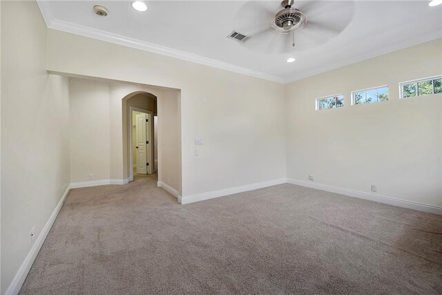 8000 Stonelake Village Ave Unit 406, Baton Rouge, LA 70820 - empty room featuring arched walkways, a ceiling fan, ornamental molding, light carpet, and recessed lighting