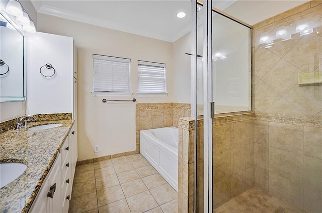 8000 Stonelake Village Ave Unit 406, Baton Rouge, LA 70820 - bathroom featuring a garden tub, crown molding, double vanity, a shower stall, and tile patterned floors