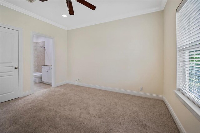 8000 Stonelake Village Ave Unit 406, Baton Rouge, LA 70820 - unfurnished bedroom featuring light carpet, ornamental molding, recessed lighting, ensuite bath, and a ceiling fan