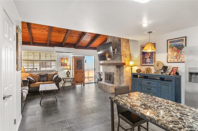 2305 Cleary Ave Unit 225, Metairie, LA 70001 - dining area with an AC wall unit, a wood ceiling with exposed beams, and a fireplace