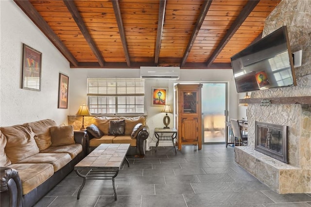 2305 Cleary Ave Unit 225, Metairie, LA 70001 - living room featuring a wall mounted AC, wood ceiling, a stone fireplace, and a textured wall