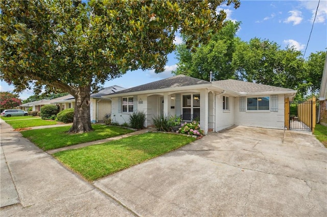 1213 Focis St, Metairie, LA 70005 - ranch-style house featuring covered porch, concrete driveway, a gate, and brick siding