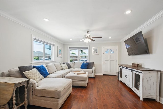 1213 Focis St, Metairie, LA 70005 - living area with dark wood-style flooring, recessed lighting, a ceiling fan, and crown molding