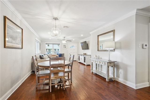 1213 Focis St, Metairie, LA 70005 - dining area with hardwood / wood-style floors, recessed lighting, ornamental molding, a ceiling fan, and a chandelier