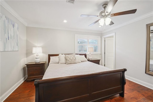 1213 Focis St, Metairie, LA 70005 - bedroom featuring ornamental molding, dark wood-type flooring, a ceiling fan, and recessed lighting