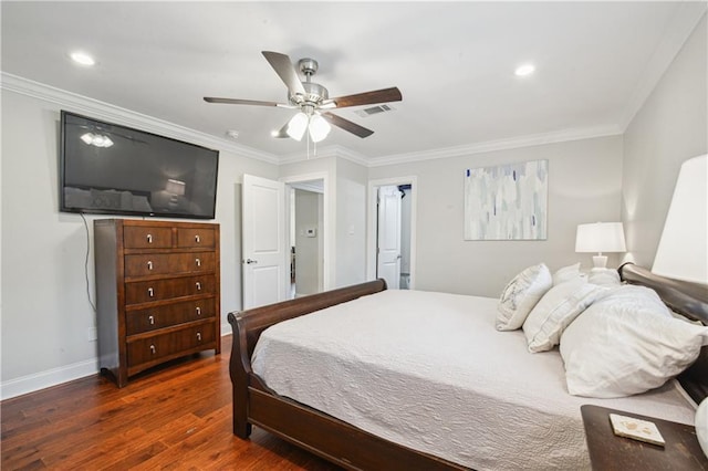 1213 Focis St, Metairie, LA 70005 - bedroom featuring hardwood / wood-style floors, recessed lighting, ornamental molding, and ceiling fan