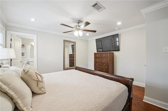 1213 Focis St, Metairie, LA 70005 - bedroom featuring recessed lighting, dark wood-style flooring, ornamental molding, a ceiling fan, and connected bathroom