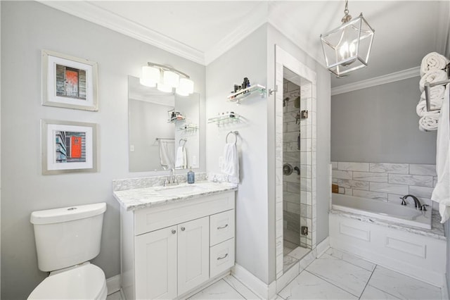 1213 Focis St, Metairie, LA 70005 - bathroom with marble look tile flooring, a garden tub, vanity, a stall shower, and a chandelier
