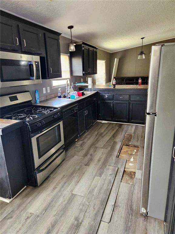 116 Cedar Dr, Belle Chasse, LA 70037 - kitchen featuring stainless steel appliances, a textured ceiling, light wood finished floors, dark cabinets, and light countertops