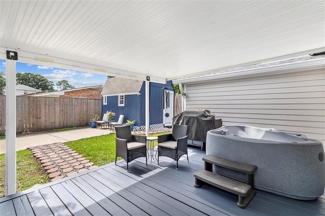 1200 Waltham St, Metairie, LA 70001 - wooden terrace featuring an outdoor structure, a grill, a hot tub, and a patio