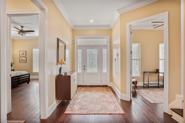 6938 Milne Blvd, New Orleans, LA 70124 - entrance foyer featuring dark wood finished floors, a ceiling fan, crown molding, and recessed lighting