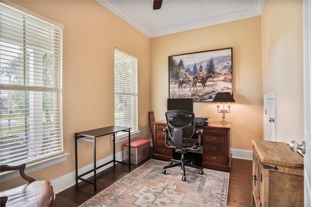 6938 Milne Blvd, New Orleans, LA 70124 - office with dark wood-type flooring, ornamental molding, and ceiling fan