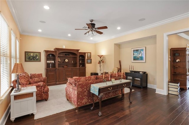 6938 Milne Blvd, New Orleans, LA 70124 - living area with ceiling fan, wood finished floors, recessed lighting, and ornamental molding