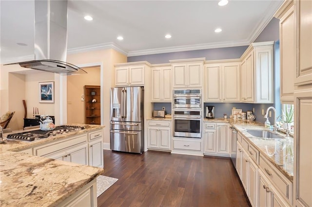 6938 Milne Blvd, New Orleans, LA 70124 - kitchen with appliances with stainless steel finishes, island exhaust hood, cream cabinets, light stone countertops, and ornamental molding