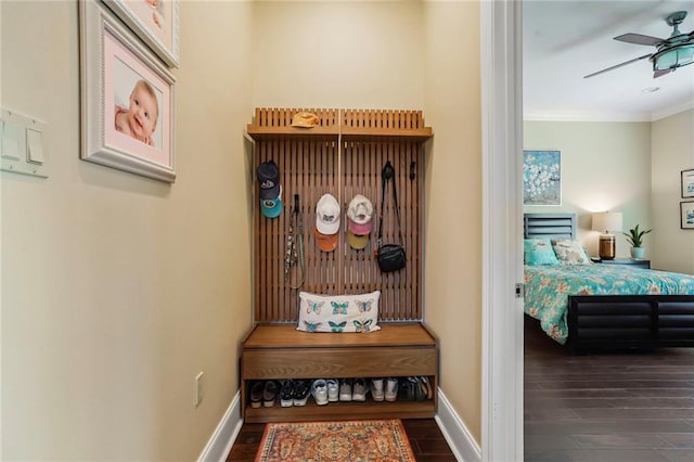 6938 Milne Blvd, New Orleans, LA 70124 - mudroom featuring wood finished floors, ceiling fan, and crown molding