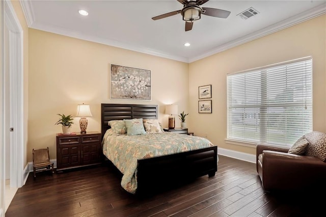 6938 Milne Blvd, New Orleans, LA 70124 - bedroom featuring ornamental molding, dark wood-style floors, recessed lighting, and ceiling fan