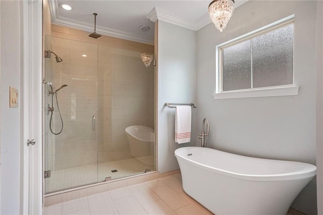 6938 Milne Blvd, New Orleans, LA 70124 - full bathroom featuring a shower stall, a freestanding bath, ornamental molding, and tile patterned floors