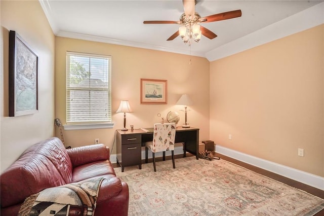 6938 Milne Blvd, New Orleans, LA 70124 - office area featuring ceiling fan, crown molding, and wood finished floors