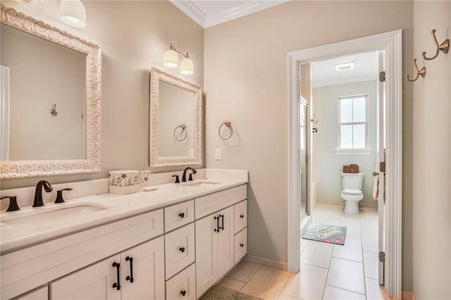6938 Milne Blvd, New Orleans, LA 70124 - bathroom featuring ornamental molding, a shower stall, and double vanity