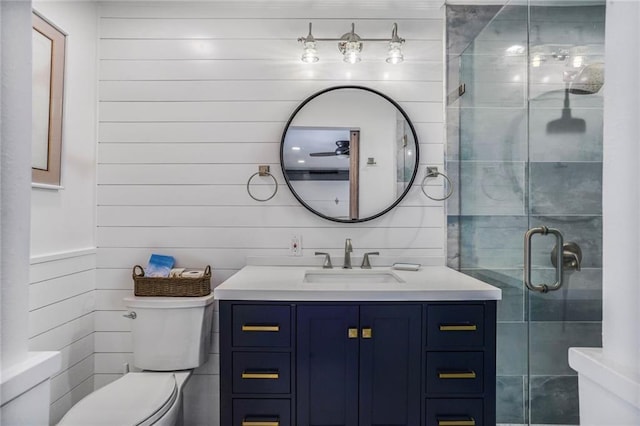 6938 Milne Blvd, New Orleans, LA 70124 - bathroom with vanity, a shower stall, and wood walls