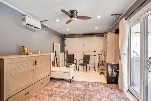 6938 Milne Blvd, New Orleans, LA 70124 - garage featuring an AC wall unit, a ceiling fan, and recessed lighting