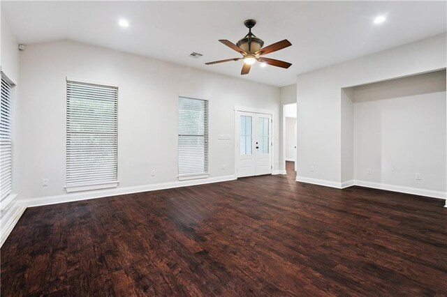 22562 2nd St, Mandeville, LA 70471 - unfurnished living room with a ceiling fan, dark wood finished floors, french doors, and recessed lighting