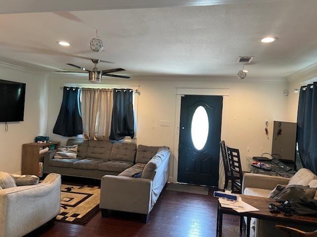 7109 Dreux Ave, New Orleans, LA 70126 - living room with ornamental molding, wood-type flooring, recessed lighting, and a ceiling fan