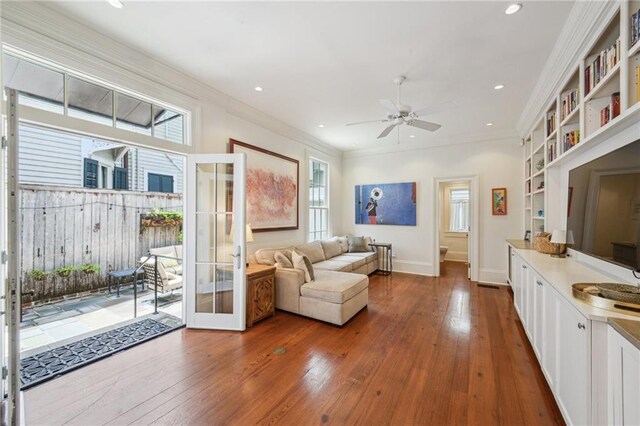 1128 Fourth St, New Orleans, LA 70130 - living room with french doors, hardwood / wood-style flooring, ceiling fan, healthy amount of natural light, and recessed lighting
