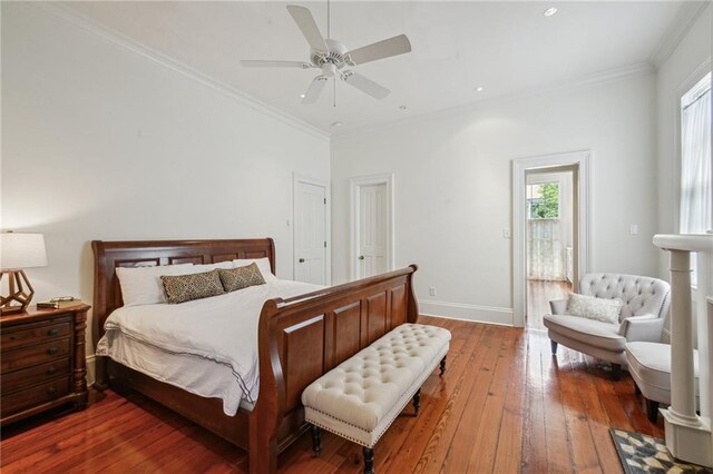 1128 Fourth St, New Orleans, LA 70130 - bedroom featuring hardwood / wood-style flooring, ornamental molding, a ceiling fan, and recessed lighting