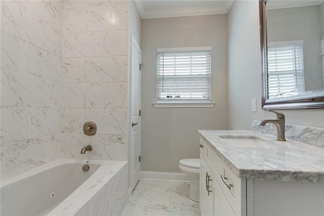 1704-1706 S Dupre St, New Orleans, LA 70125 - full bathroom with marble finish flooring, crown molding, vanity, healthy amount of natural light, and shower / bathtub combination