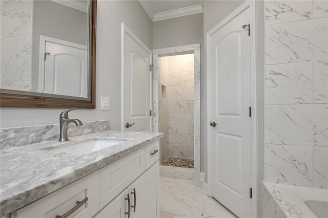 1704-1706 S Dupre St, New Orleans, LA 70125 - bathroom featuring marble finish flooring, vanity, ornamental molding, a tile shower, and a bath