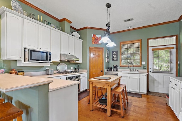 126 Gemstone Dr, Franklinton, LA 70438 - kitchen with stainless steel appliances, a peninsula, white cabinets, under cabinet range hood, and ornamental molding